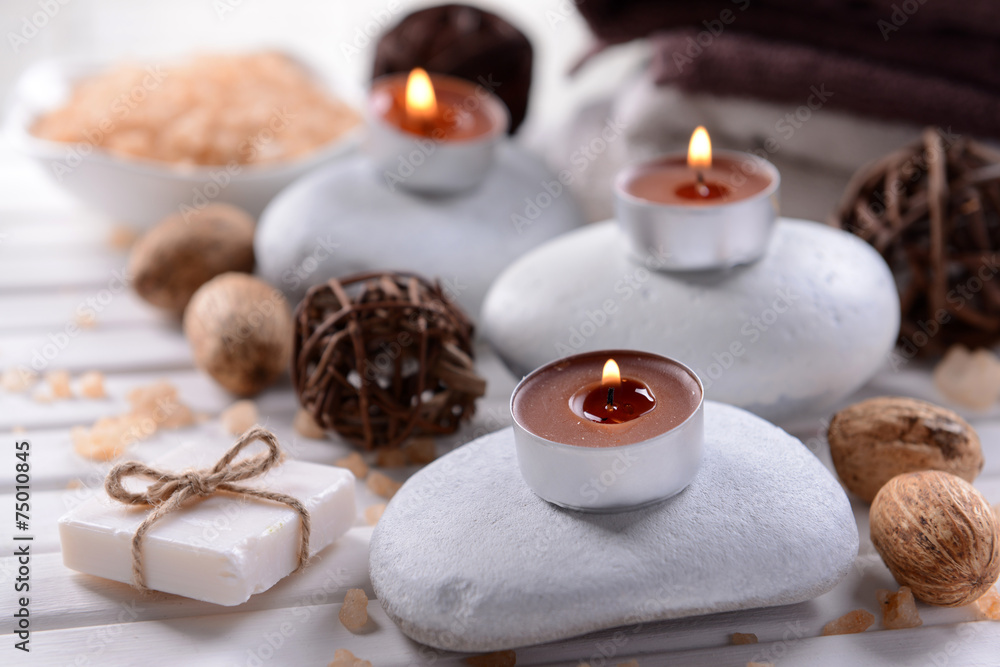 Composition of spa treatment on wooden background