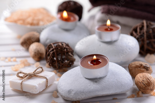 Composition of spa treatment on wooden background