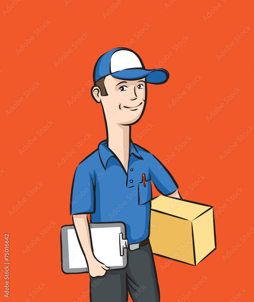 delivery man with box and clipboard