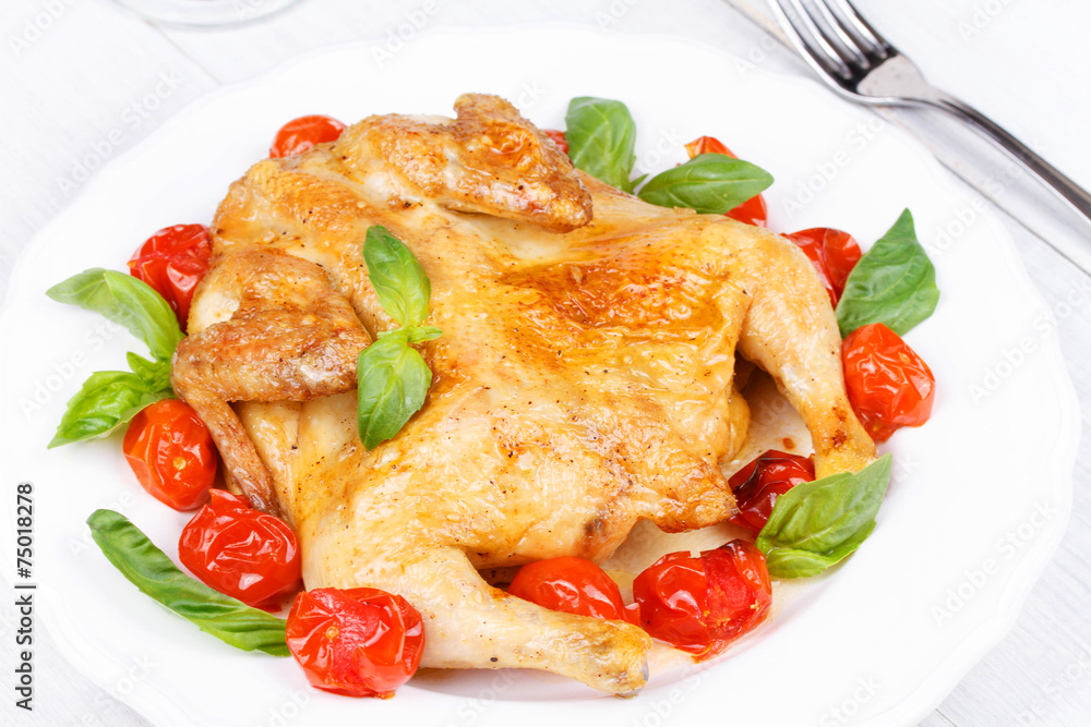 Roast chicken with tomatoes cherry, green basil and garlic Roast chicken with tomatoes cherry, green basil and garlic
