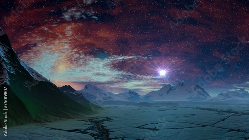 Sunrise stars (UFO) over the ice desert