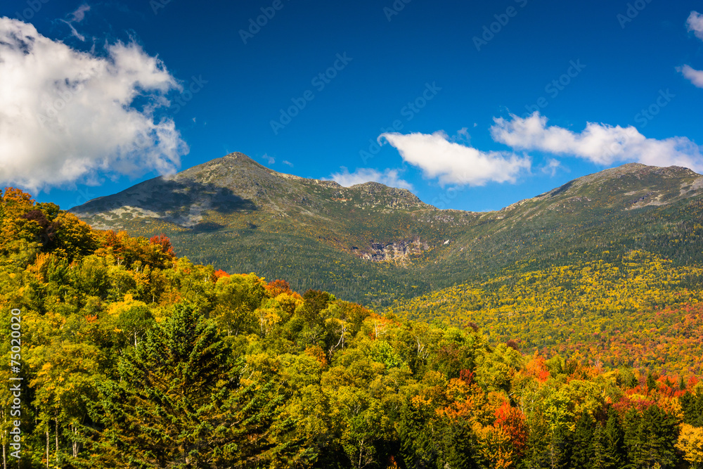Autumn color and view of the Presidential Range in White Mountai