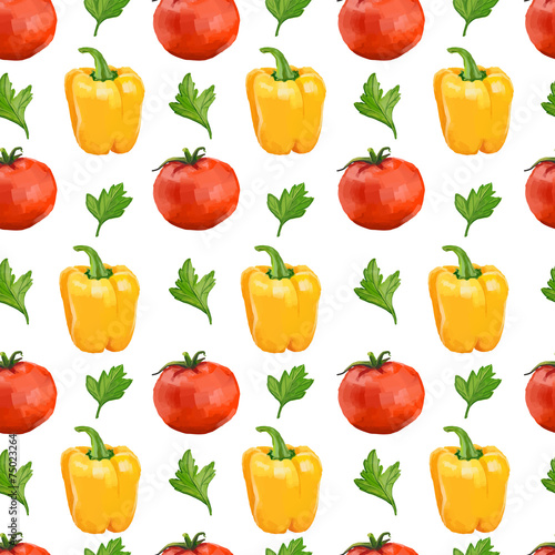 Seamless pattern with tomatoes, yellow pepper and parsley.