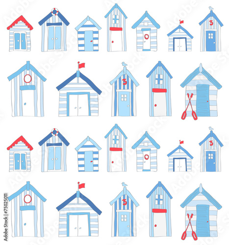 Hand Drawn Blue and Red Beach huts