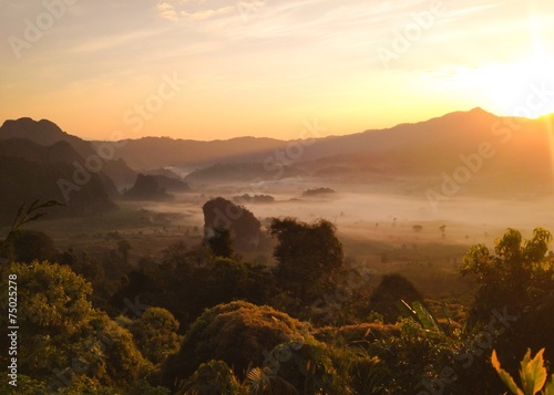 Natural landscape view of mountain with sun rise in Thailand 