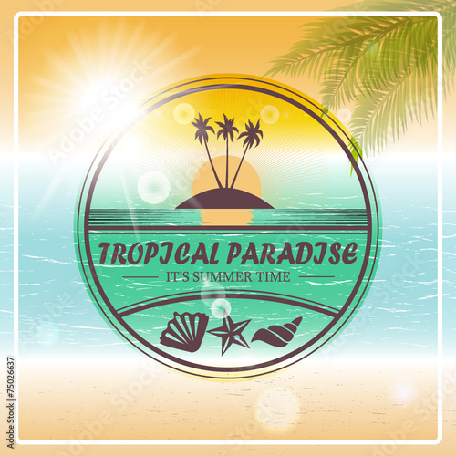 Summer beach vector background with a banner label in retro styl