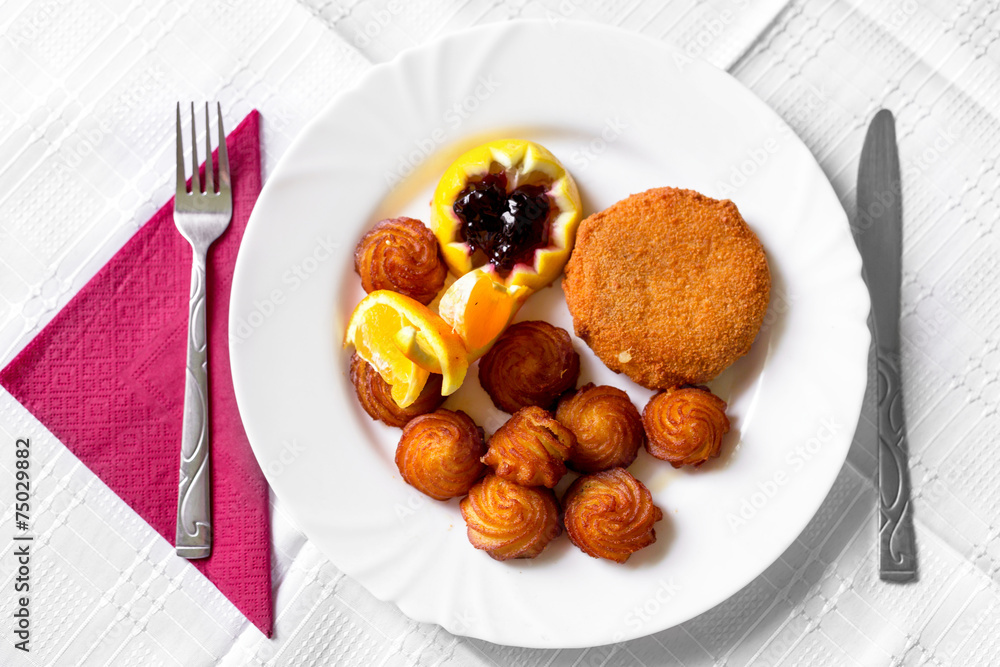 Food on white tablecloth Food on white tablecloth