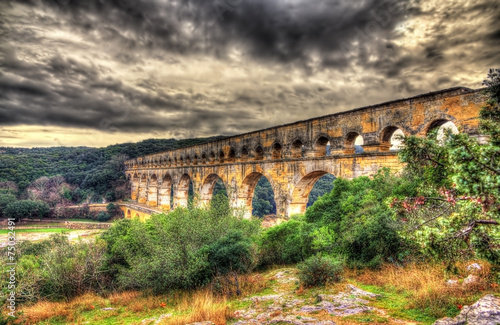 HDR image of Pont du Gard, ancient Roman aqueduct listed in UNES