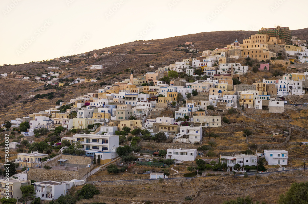 The picturesque town of Syros island, Greece, in the evening