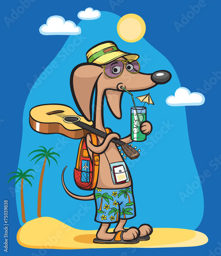 cartoon dog character with cocktail at beach