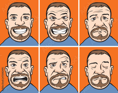 Bearded man faces with various emotions