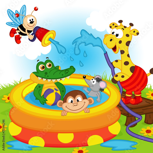 animals in inflatable pool - vector illustration, eps