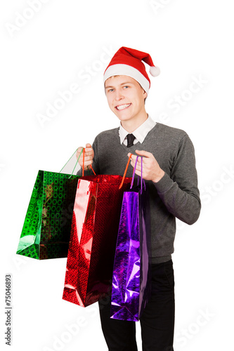 happy man carries christmas gifts