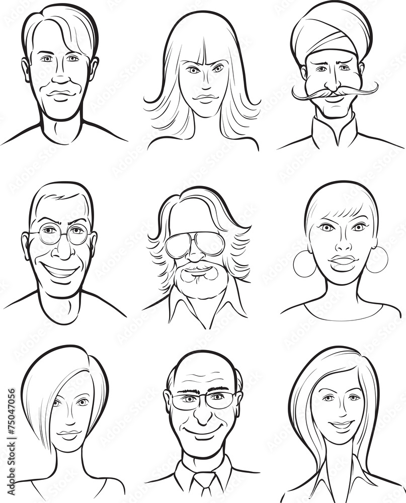 whiteboard drawing - various men and women faces collection whiteboard drawing - various men and women faces collection