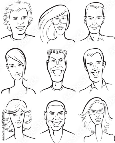 whiteboard drawing - smiling men and women faces collection