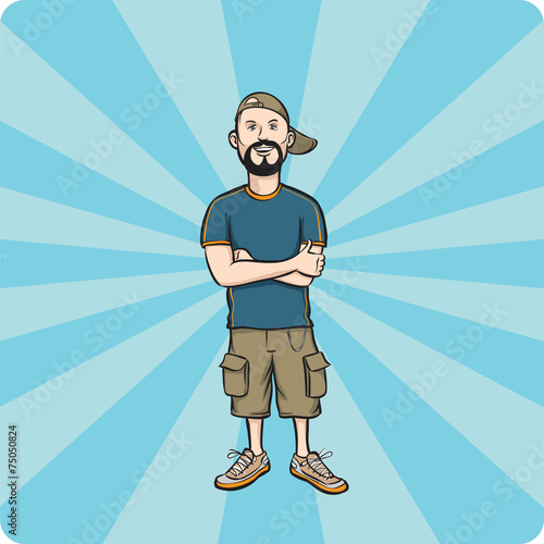Cartoon bearded guy in baseball cap and shorts