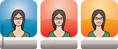 woman in glasses face three expressions