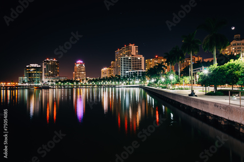 The skyline at night in West Palm Beach, Florida.