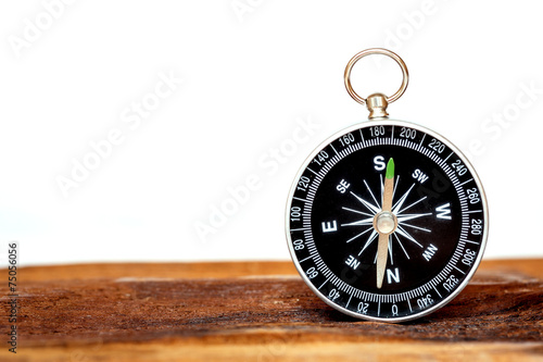 Close up compass on wood background