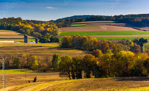 Autumn view of rolling hills in rural York County, Pennsylvania.