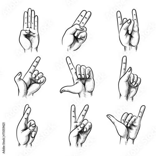 Set of hand gestures in vintage style