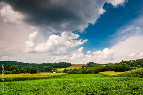 Cloudy sky over farm fields in rural York County, Pennsylvania.