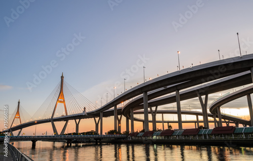 Bhumibol Bridge at sunset in Bangkok, Thailand © boonsom