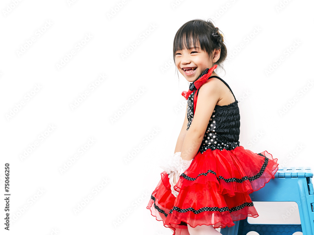 child girl in red suit on white background child girl in red suit on white background