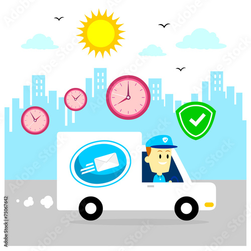 Postman Delivering Packages By Driving Van, Fast and Safe