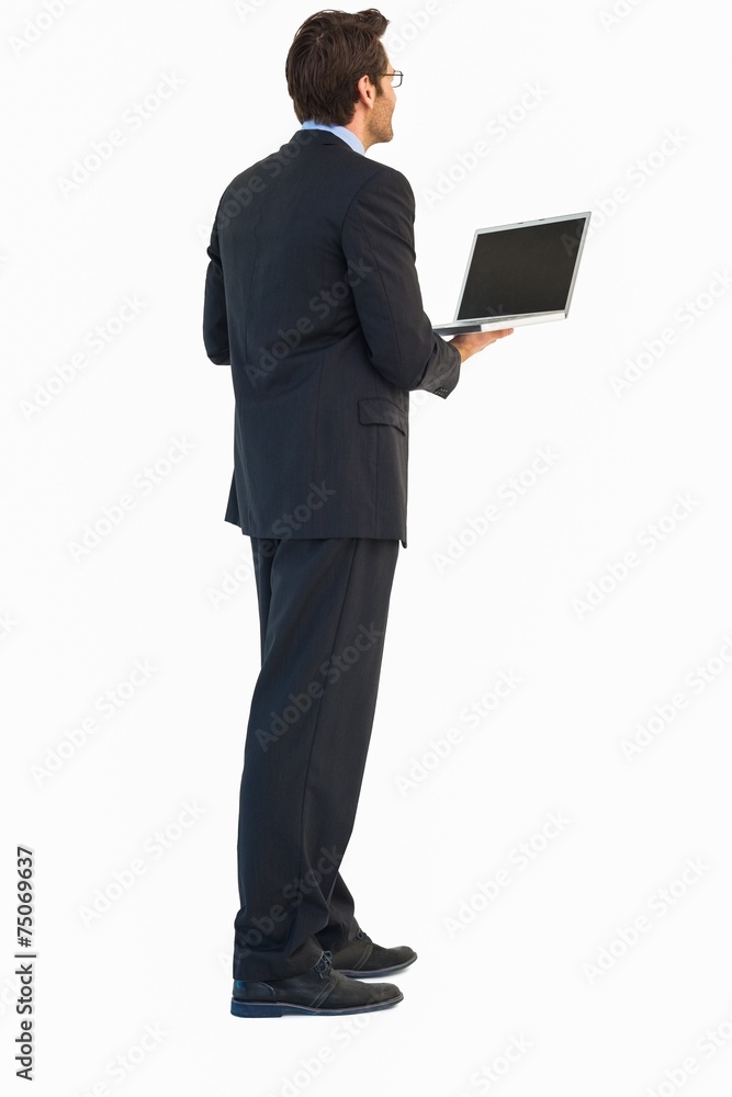 Handsome businessman standing using a laptop Handsome businessman standing using a laptop