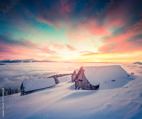 Colorful winter sunrise in the mountains.