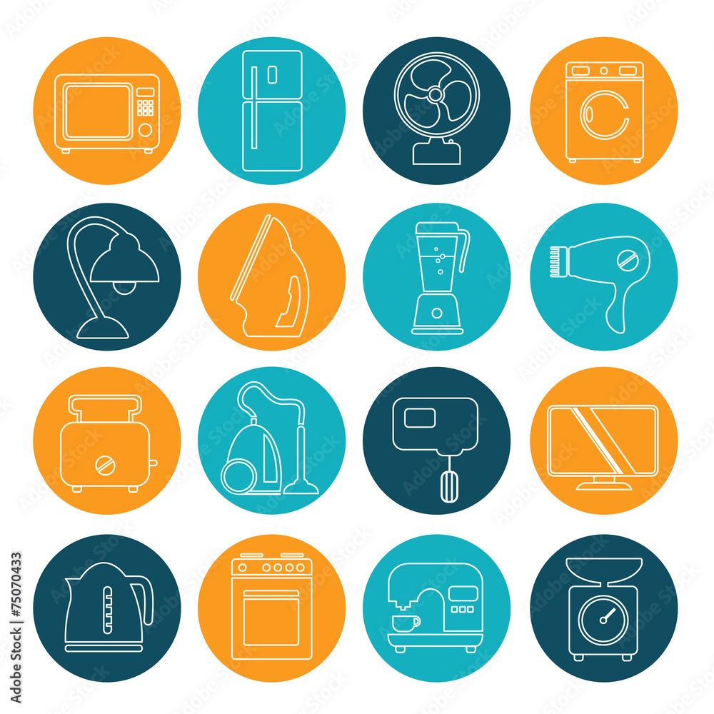 set of household appliances contour icons on colorful round web set of household appliances contour icons on colorful round web