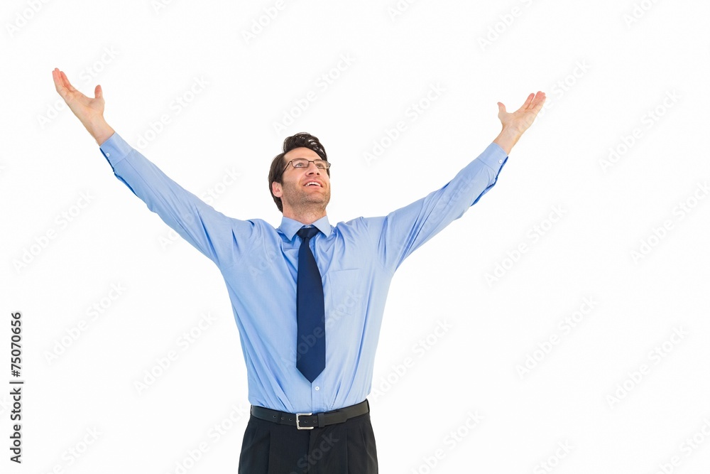 Cheering businessman with his arms raised up Cheering businessman with his arms raised up