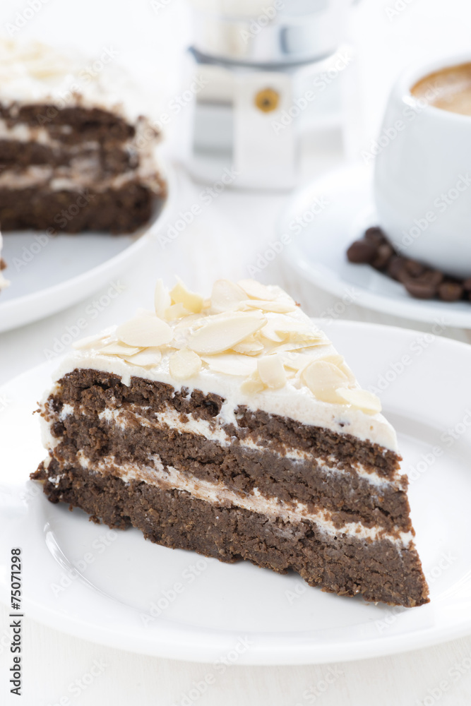 piece of chocolate cake with butter cream, vertical, close-up piece of chocolate cake with butter cream, vertical, close-up