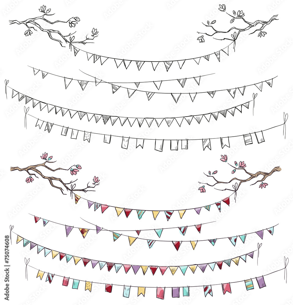 Doodle tree branches and party flags - obrazy, fototapety, plakaty 
