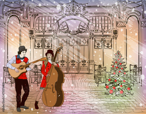 Christmas street performers in a snowy city