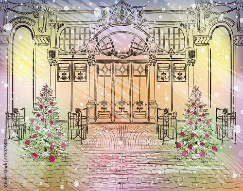 Old city cafe with Christmas decorations