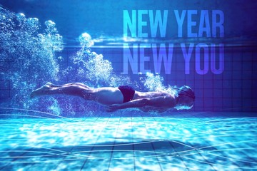 Composite image of fit swimmer training by himself