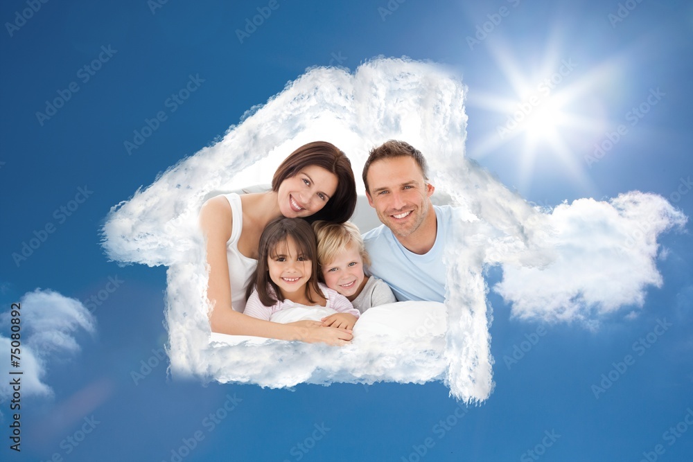 Composite image of lovely family sitting together on the bed Composite image of lovely family sitting together on the bed