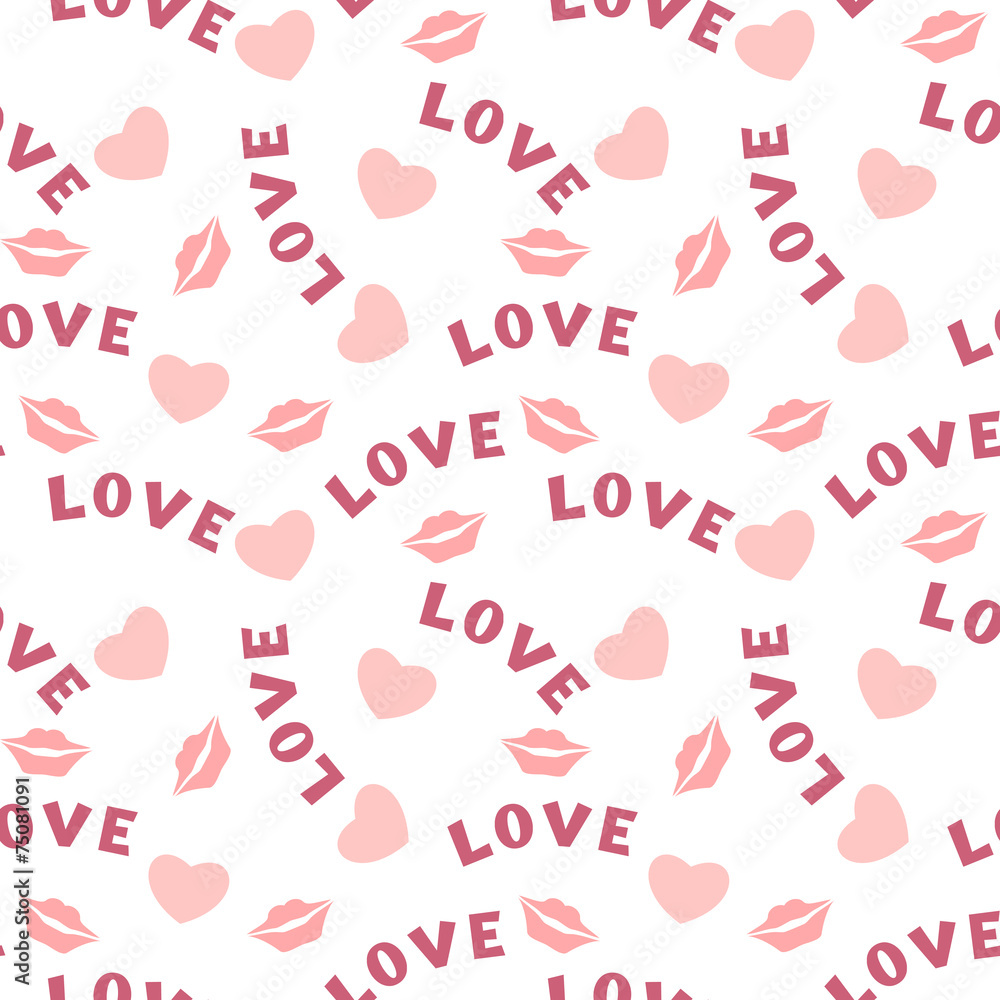Seamless pattern with hearts lips and inscription love on white Seamless pattern with hearts lips and inscription love on white