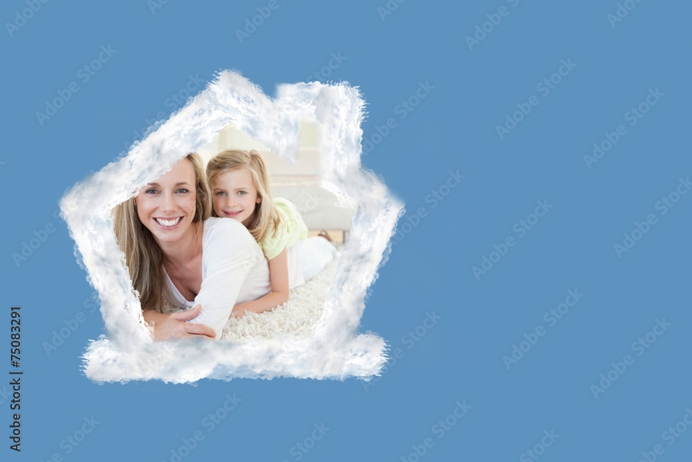 Composite image of mother and daughter lying on the floor Composite image of mother and daughter lying on the floor