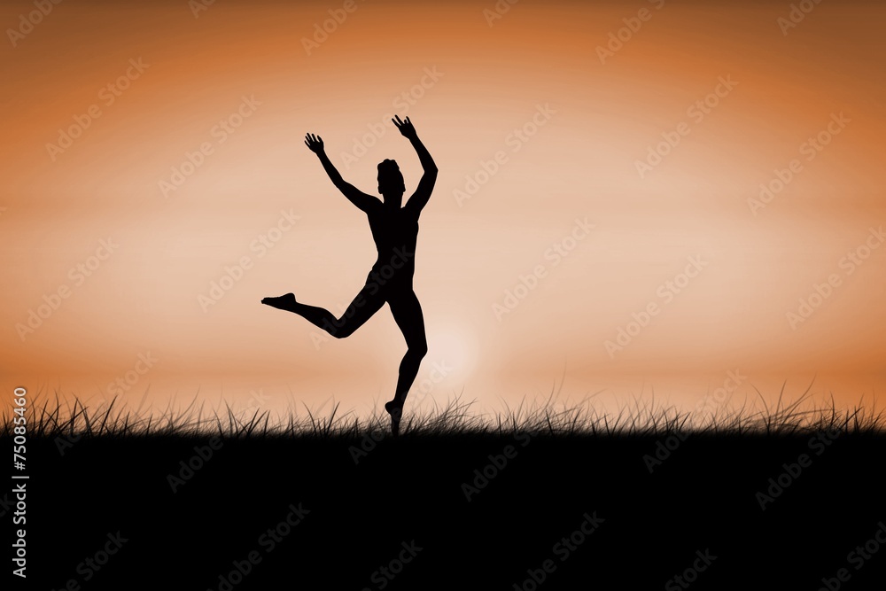 Composite image of fit brunette jumping and posing