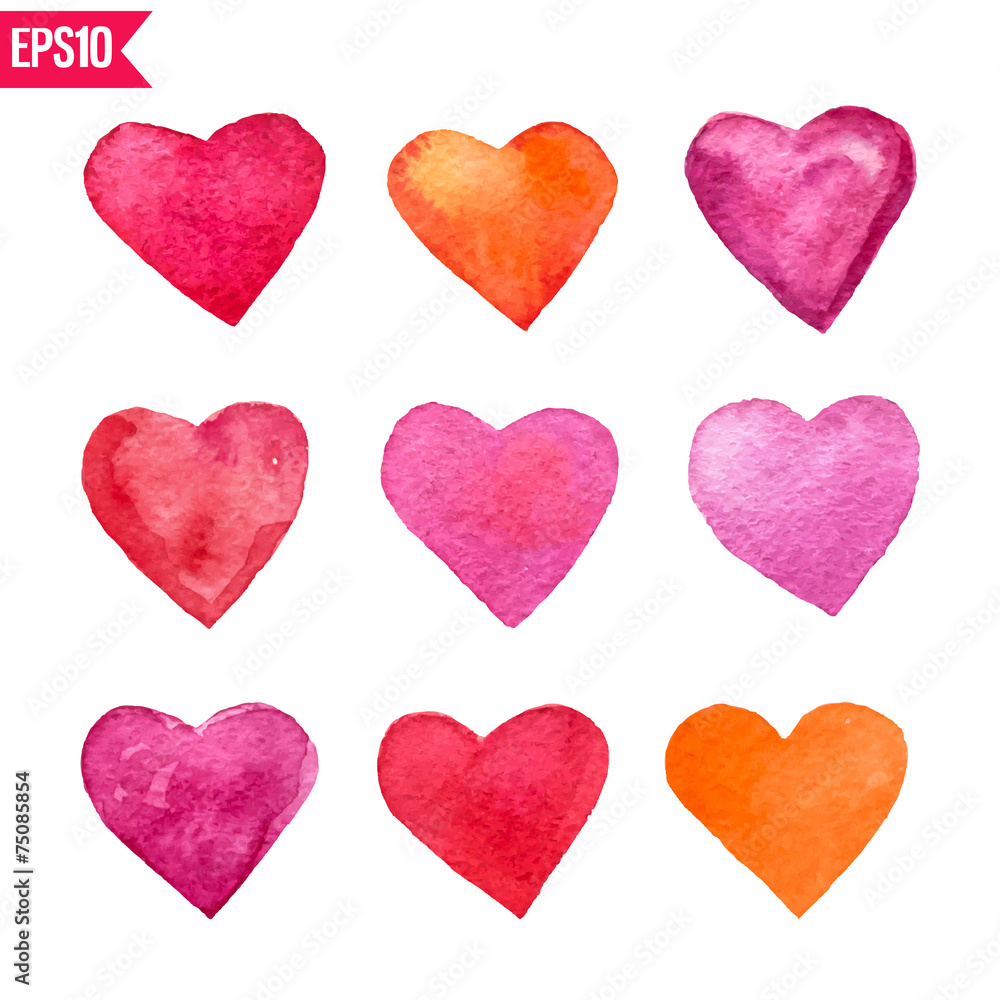 Six watercolor vector hearts