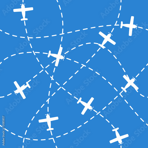 Billede på lærred Seamless background with airplanes flying  on blue