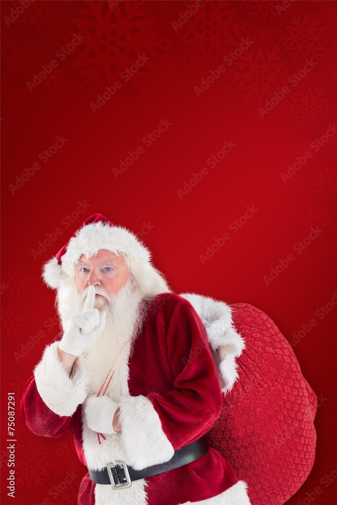 Composite image of santa asking for quiet with bag