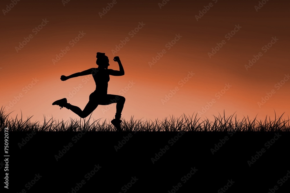 Composite image of fit brunette running and jumping Composite image of fit brunette running and jumping