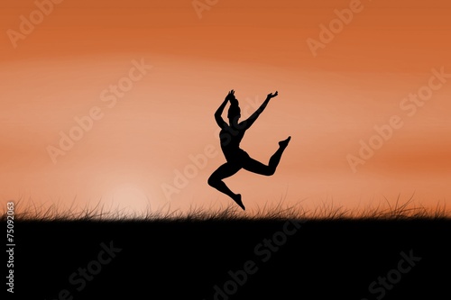Composite image of fit brunette jumping and posing