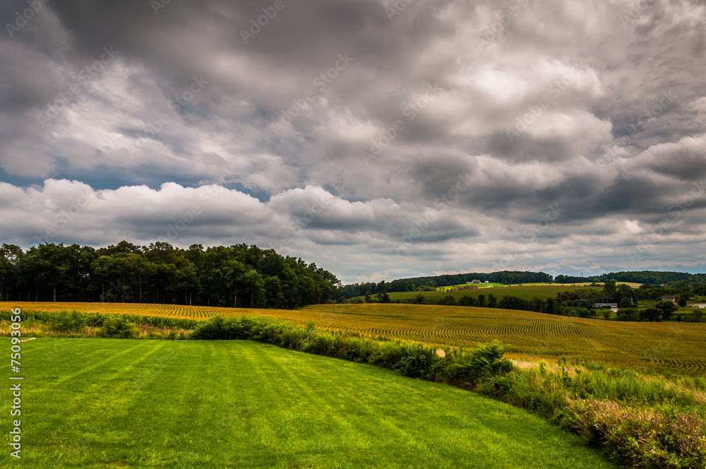 Storm clouds over farm fields in rural York County, Pennsylvania