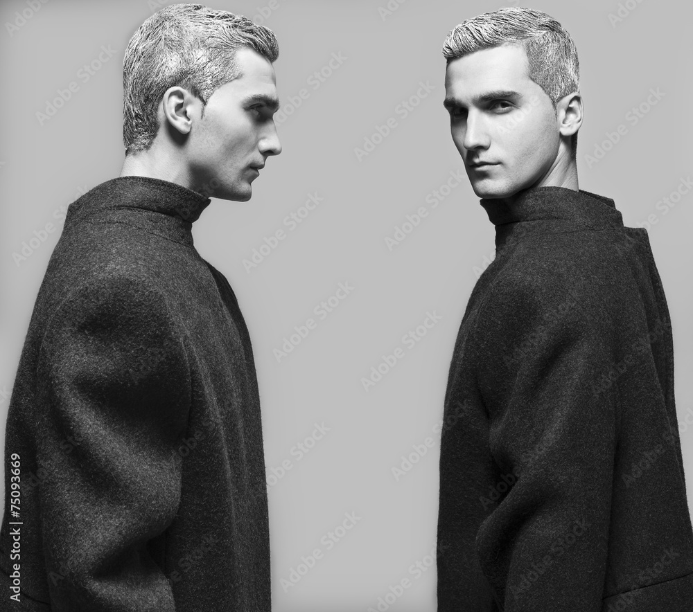 Snow Adonis fashion beauty concept. Dual emotive portrait of you Snow Adonis fashion beauty concept. Dual emotive portrait of you