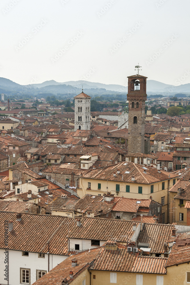 Lucca cityscape from Guinigi Tower, Tuscany, Italy